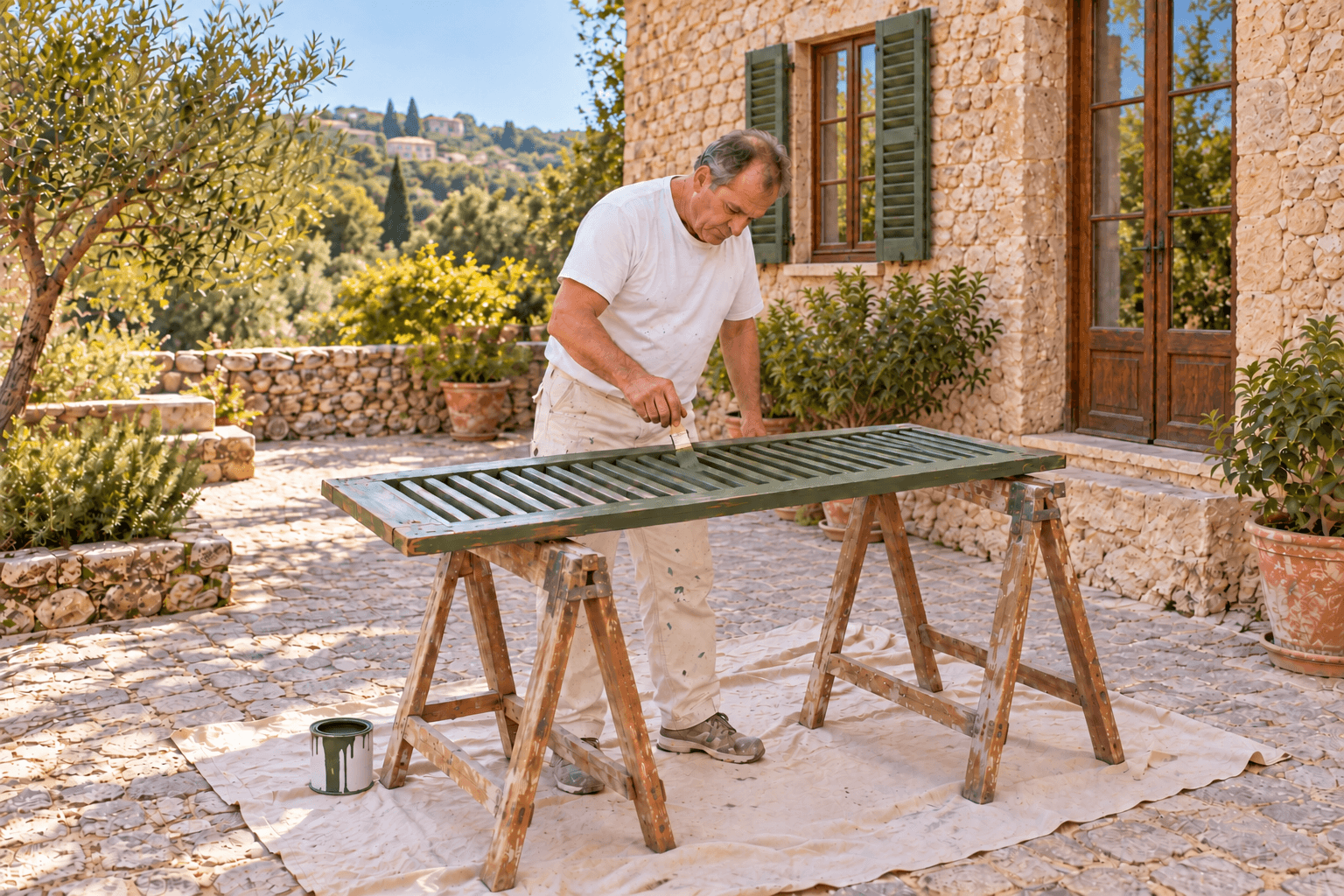 Profesional pintando una contraventana de madera en el patio de una vivienda mallorquina